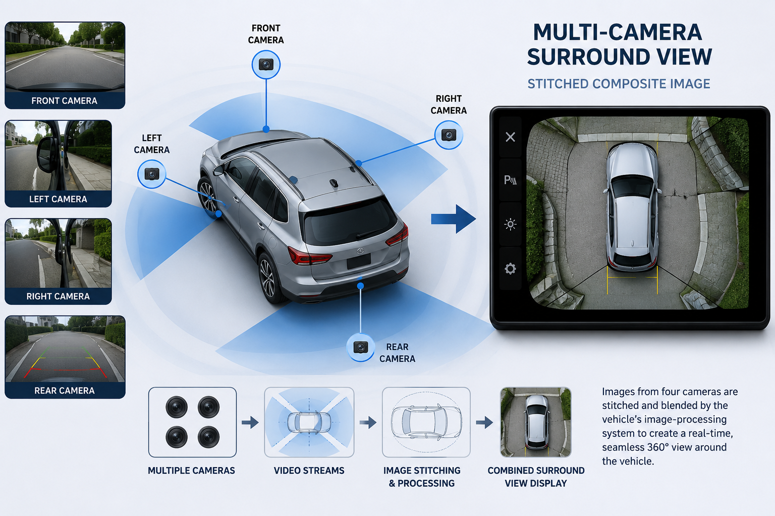 Illustration of a vehicle surround-view camera system combining front, rear, and side camera feeds into a stitched 360-degree overhead image. The Technology & Information Law Blog by Charles Gideon Korrell