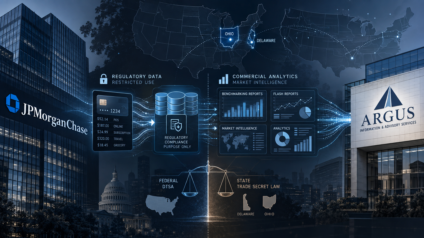 JPMorgan Chase and Argus trade secret dispute involving regulatory credit-card data, DTSA claims, and state-law territorial limits - The Technology & Information Law Blog by Charles Gideon Korrell