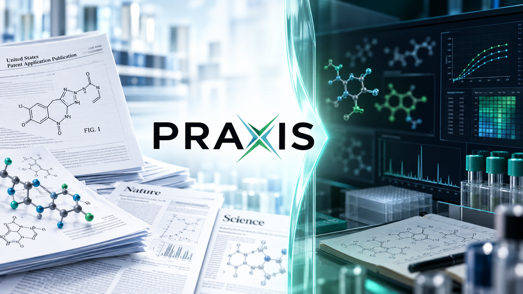 Praxis Precision Medicines logo with patent and confidential R&D imagery illustrating the boundary between public disclosure and trade secret protection.